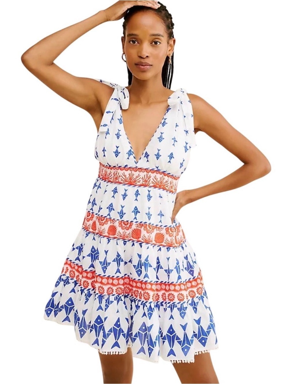 FARM Rio Off-White Graphic Fishes Mini Dress XL Tie Shoulder Cotton Tiered